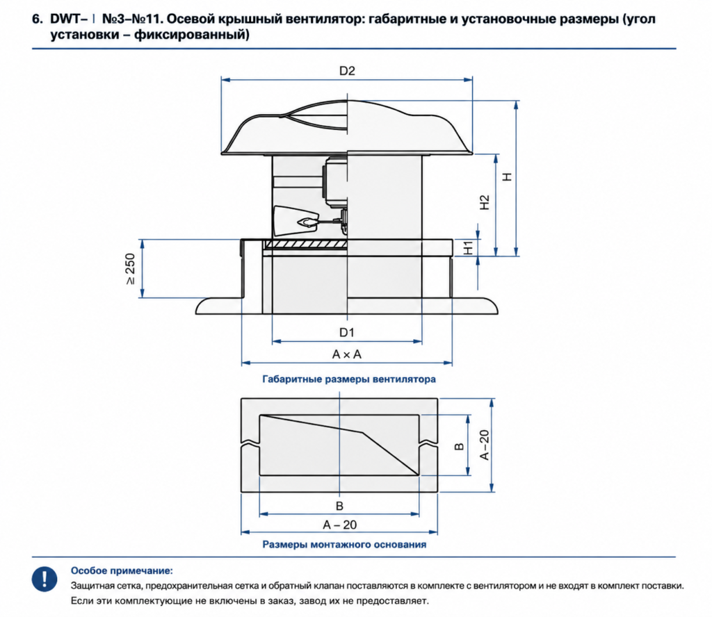 Габаритные и монтажные размеры крышного осевого вентилятора DWT-I №3–№11. Чертёж с основными установочными размерами для проектирования и монтажа.