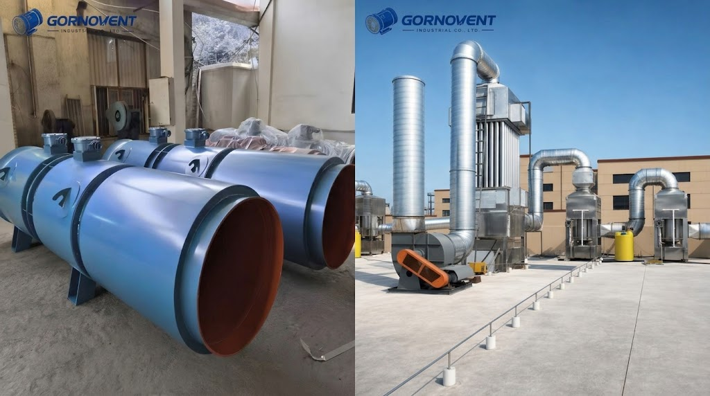 Сравнение осевого и центробежного промышленных вентиляторов GORNOVENT на производственной площадке и в составе системы