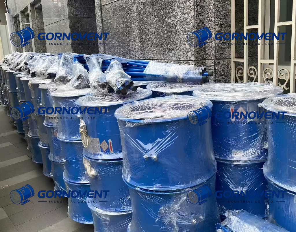 Склад готовой продукции промышленных и шахтных вентиляторов GORNOVENT в защитной упаковке