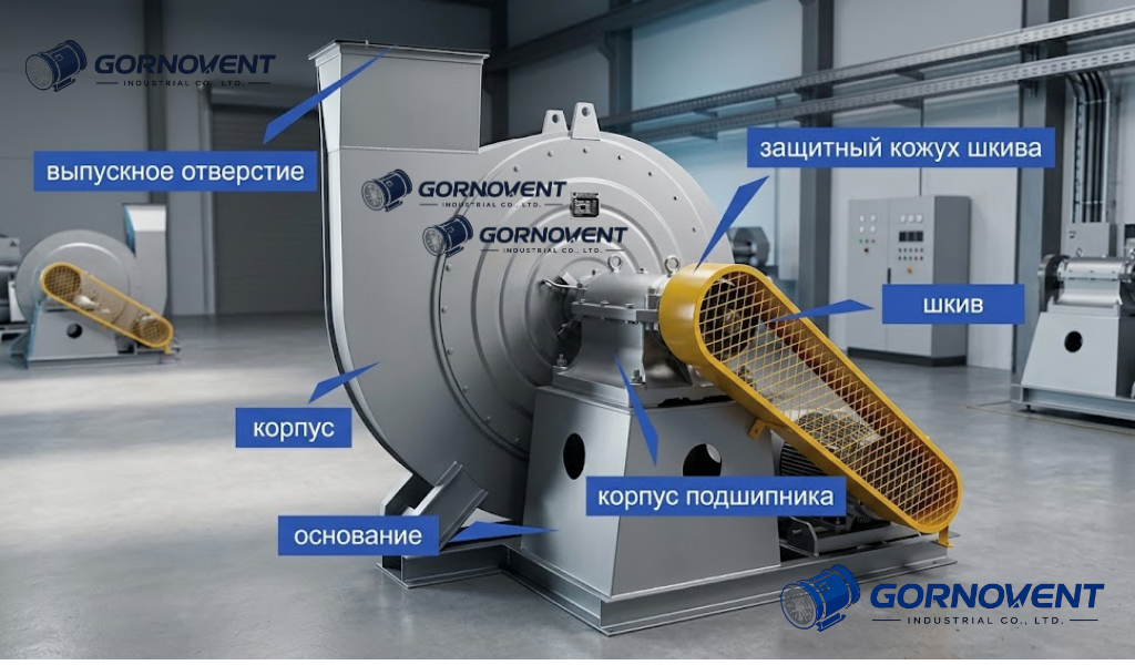 Схема основных узлов промышленного центробежного вентилятора GORNOVENT для проверки при повышенной вибрации